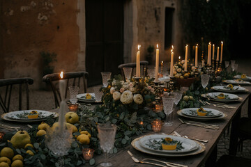 Fototapeta na wymiar A long celebratory table with plates, glasses, and candles is set up in the old villa's backyard. The table is adorned with lemons and herbs. Italian wedding. Tuscany. Generative AI