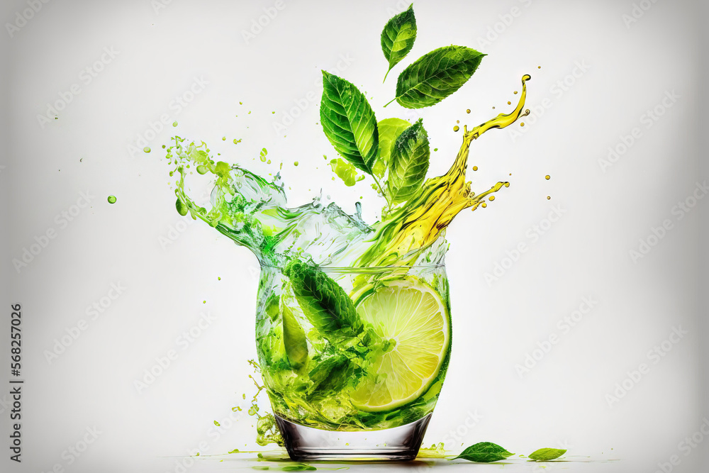 Canvas Prints mint and lime juice splashing in a cocktail. generative ai