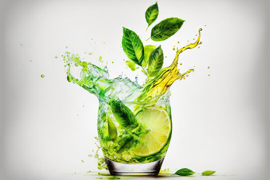Mint and lime juice splashing in a cocktail. Generative AI