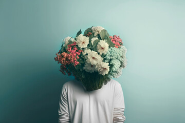 Abstract portrait of a man with her head covered with a large bouquet of natural flowers. Generative AI