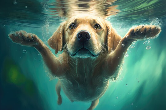 humorous underwater picture of a golden labrador retriever puppy in a pool Jump and dive deep while having fun. Activities, activities, and popular dog breeds with family pets during summer vacation