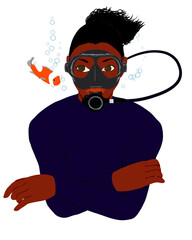 Woman scuba diver and Clownfish illustration - obrazy, fototapety, plakaty