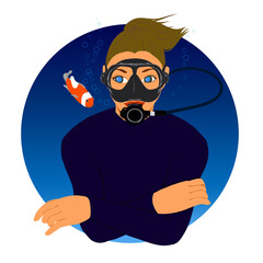 Woman scuba diver and Clownfish illustration - obrazy, fototapety, plakaty