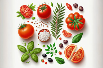 fresh tomato, herbs and spices isolated on white background, top view. Generative AI