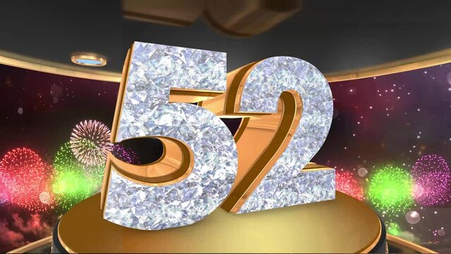 52nd birthday animation in gold and diamonds with fireworks background, 
Animated 52 years Birthday Wishes in 4K