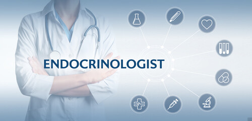 Endocrinologist, word and scheme with icons on light background, banner design. Doctor with...