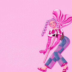 Illustration of a girl holding a heart-shaped lollipop. Happy Valentines. 