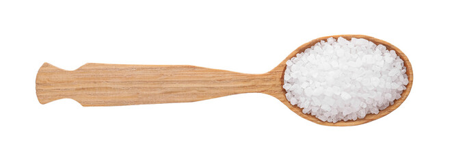 Wooden spoon with natural sea salt isolated on white, top view