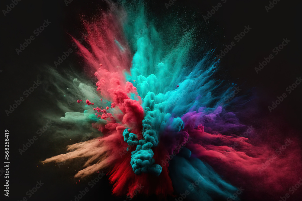 Poster hazy red, green, and blue powder explosion on a black backdrop. exploding color powder in slow motio
