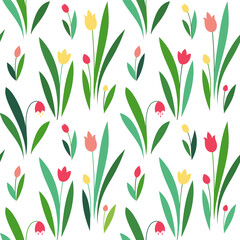 Obraz premium Spring flowers seamless vector pattern. Cute small flowers and leaves background, girly textile print