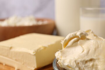 Tasty homemade butter and dairy products on table, closeup