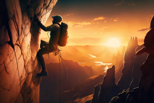 Man climbs up mountain, climber on rock wall at sunset, generative AI