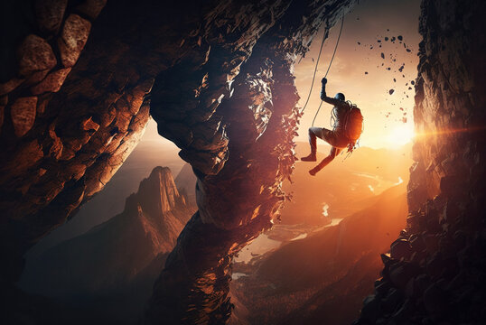 Man climbs up mountain, climber jumps between rock walls at sunset, generative AI
