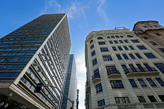 The contrast of old and new in the urban landscape. Patriarch Square in downtown of Sao Paulo city, Brazil
