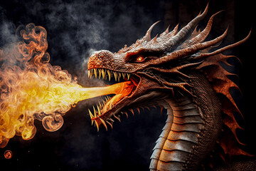 Fire spitting dragon. AI generated illustration. - obrazy, fototapety, plakaty