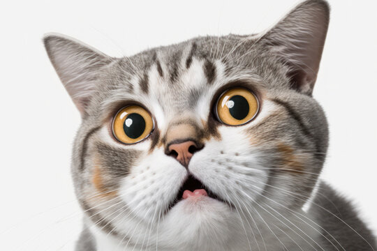 A picture of a perplexed cat close up of a Scottish straight person on a white background. Generative AI