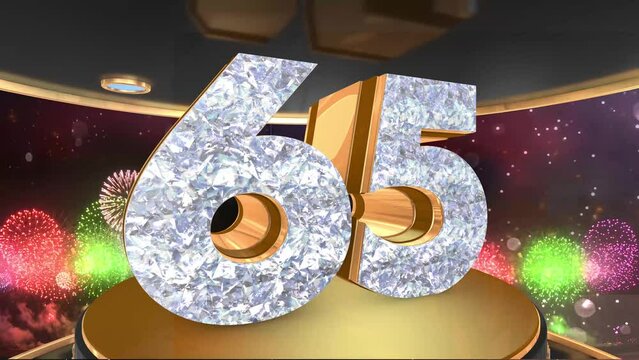65th birthday animation in gold and diamonds with fireworks background, 
Animated 65 years Birthday Wishes in 4K