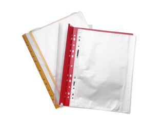 File folders with punched pockets isolated on white, top view