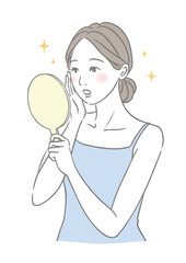手鏡を見る 良い変化に驚く女性 美容イメージイラスト 青