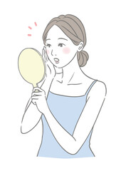 手鏡を見る 変化に驚く女性 美容イメージイラスト 青