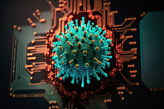 Virus image on computer system after cyber attack, generative ai