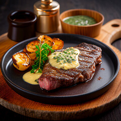 steak with melted butter and potato