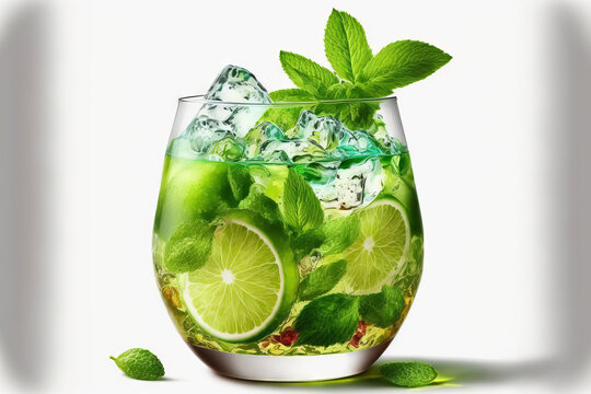 Isolated on a white background, a mojito cocktail. Generative AI
