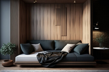 Interior of room with sofa turned into bed close to wooden wall. Generative AI