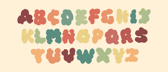 hand drawn groove alphabet, vintage vector coloured font, 70th, 60th 