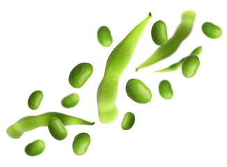 Delicious cooked soy beans and pods flying on white background. Edamame