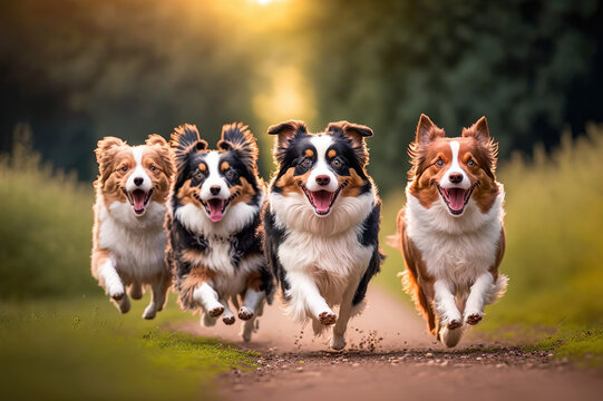 Happy Dogs Are Running Towards Camera In Outdoor Activity . Sublime Generative AI Image .