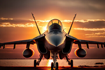 Fototapeta na wymiar a frontal picture of an F A 18 Hornet fighter jet in the setting sun. Generative AI