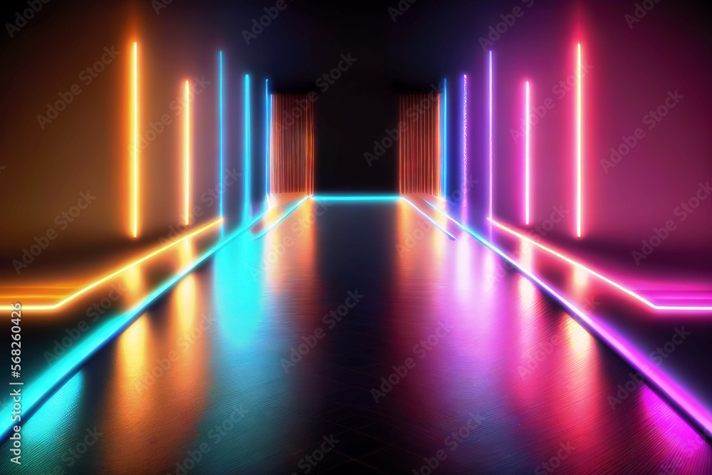 Poster futuristic neon lights hallway tunnel abstract background. vibrant colors. technology concept. 3d re