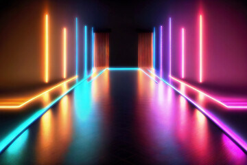 Futuristic neon lights hallway tunnel abstract background. vibrant colors. technology concept. 3d rendering