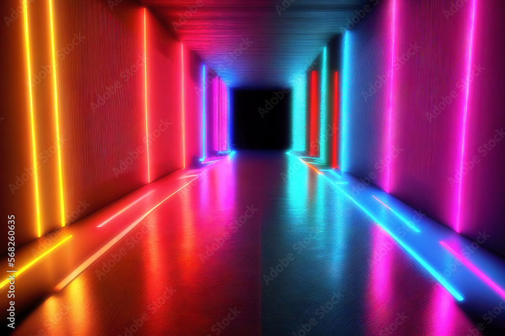 Poster futuristic neon lights hallway tunnel abstract background. vibrant colors. technology concept. 3d re