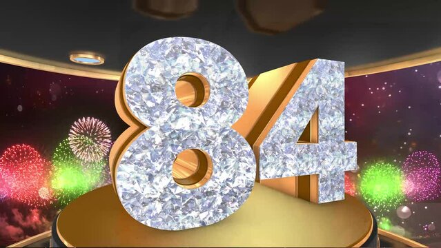 84th birthday animation in gold and diamonds with fireworks background, 
Animated 84 years Birthday Wishes in 4K 