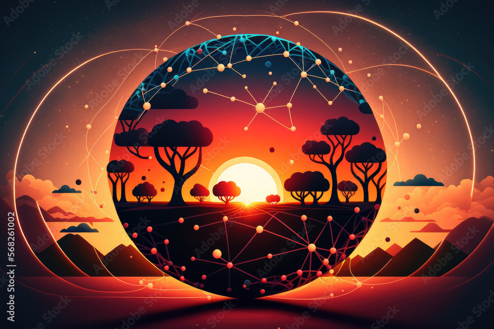 Poster circle global network connection in s in an abstract science scene against a sunset background. gene