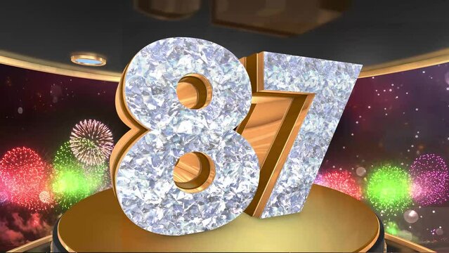 87th birthday animation in gold and diamonds with fireworks background, 
Animated 87 years Birthday Wishes in 4K 