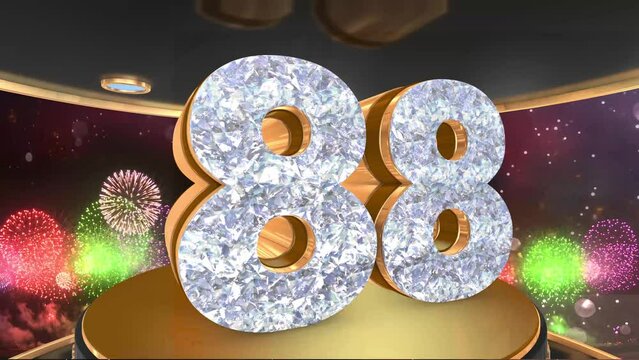 88th birthday animation in gold and diamonds with fireworks background, 
Animated 88 years Birthday Wishes in 4K