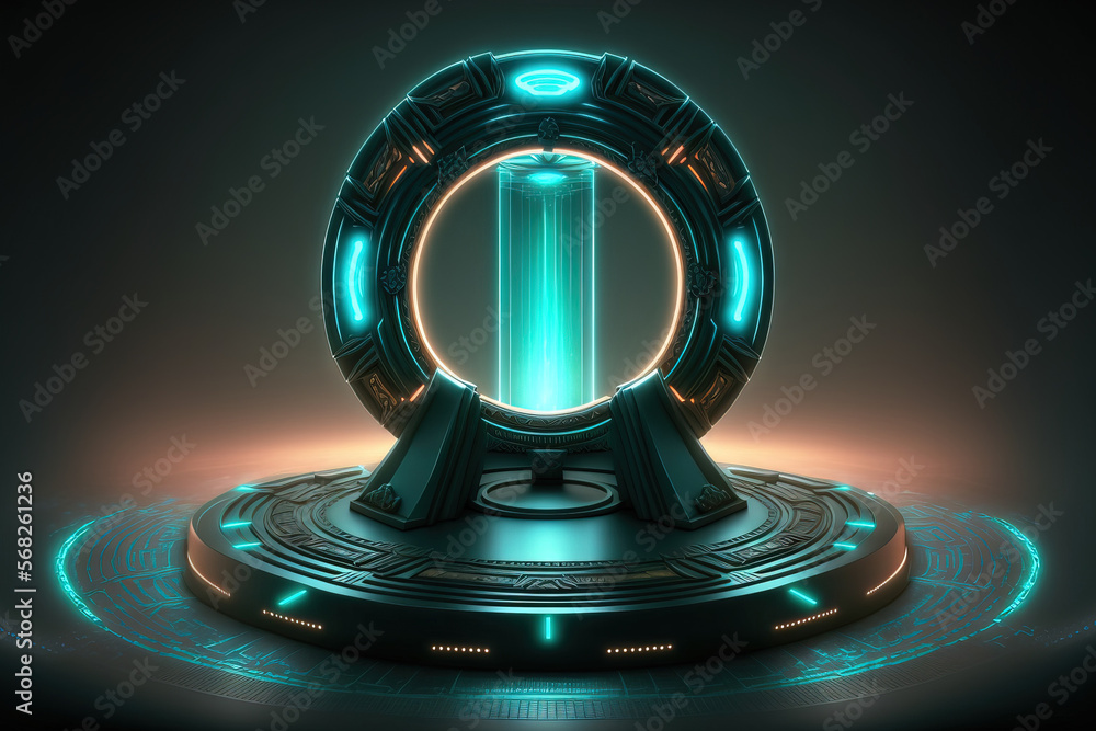 Poster teleport podium in a circle. hologram and portal technology futuristic setting. digital high tech sc