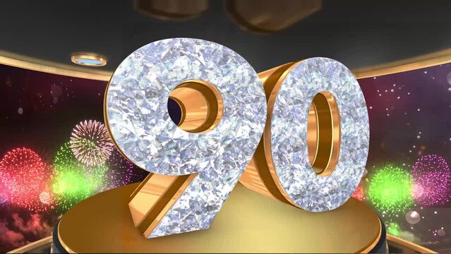 90th birthday animation in gold and diamonds with fireworks background, 
Animated 90 years Birthday Wishes in 4K 