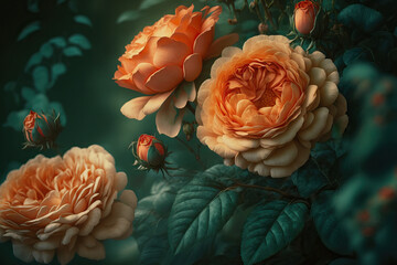 A garden full of delicate peach roses in full bloom. a close up picture. background is a deep green. a garden's orange floribunda rose. Garden design. Blurred roses blossom in the backdrop with a rose