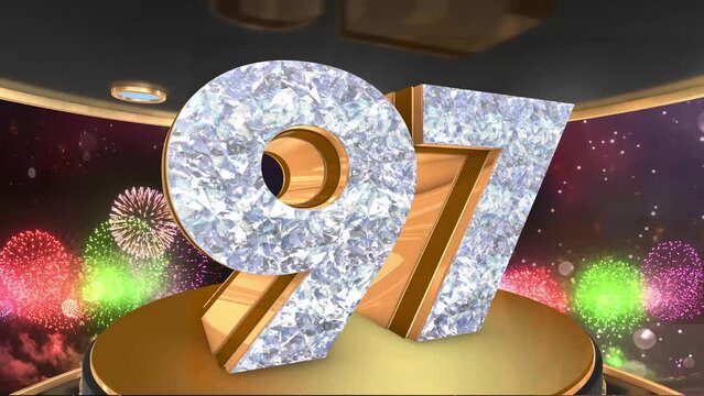 97th birthday animation in gold and diamonds with fireworks background, 
Animated 97 years Birthday Wishes in 4K 