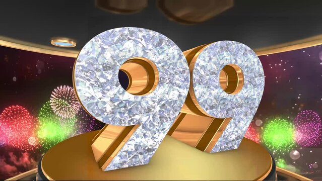 99th birthday animation in gold and diamonds with fireworks background, 
Animated 99 years Birthday Wishes in 4K 