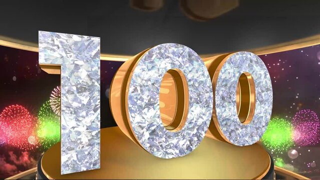 100th birthday animation in gold and diamonds with fireworks background, 
Animated 100 years Birthday Wishes in 4K 