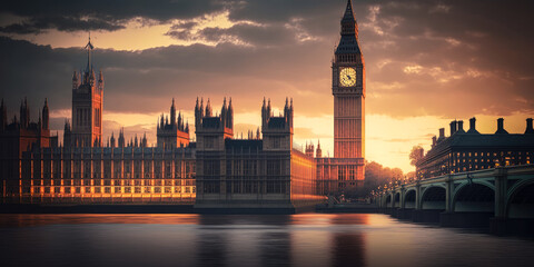 Big Ben in Westminster Palace on River Thames at sunset, banner, panorama - illustration - Generative AI - obrazy, fototapety, plakaty