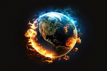 Planet earth with fires and smoke on the surface. Damaging the environment and whole planet. Global warming. Generative AI
