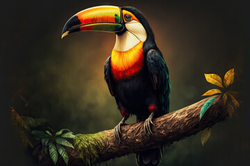 a toucan bird perched atop a branch. Generative AI