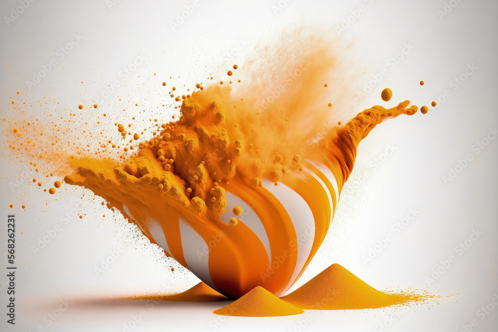 Poster orange powder exploding, isolated on a white backdrop. generative ai