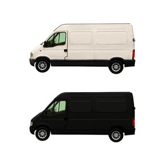 White and black mini vans (mini buses), side view, isolated. Transportation and travelling concept.